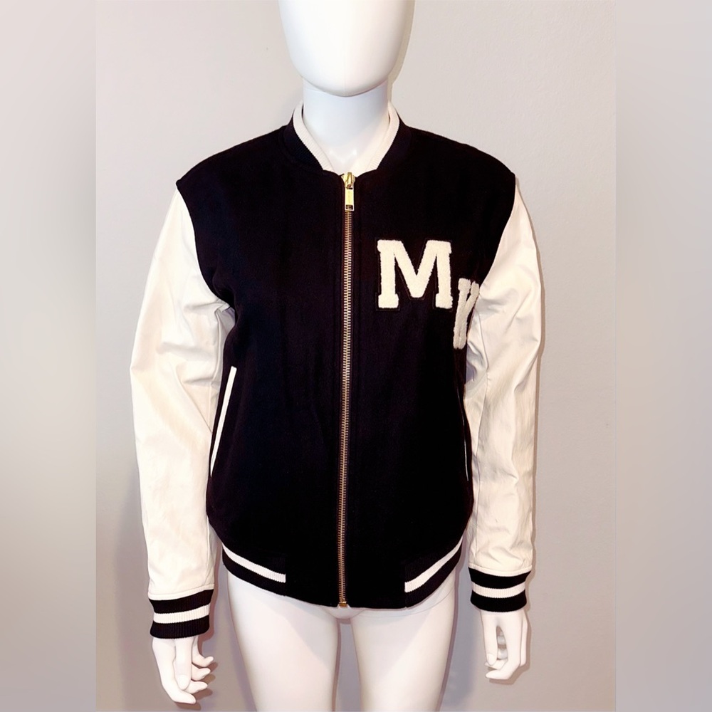 Michael Kors MK ivory black logo faux leather varsity bomber baseball jacket XS